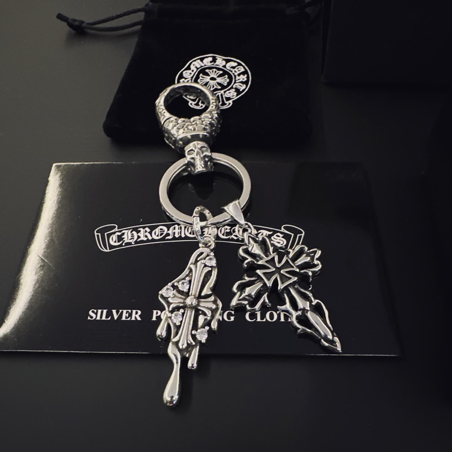 Chrome Hearts Silver Keychain with Skull and Cross Charms